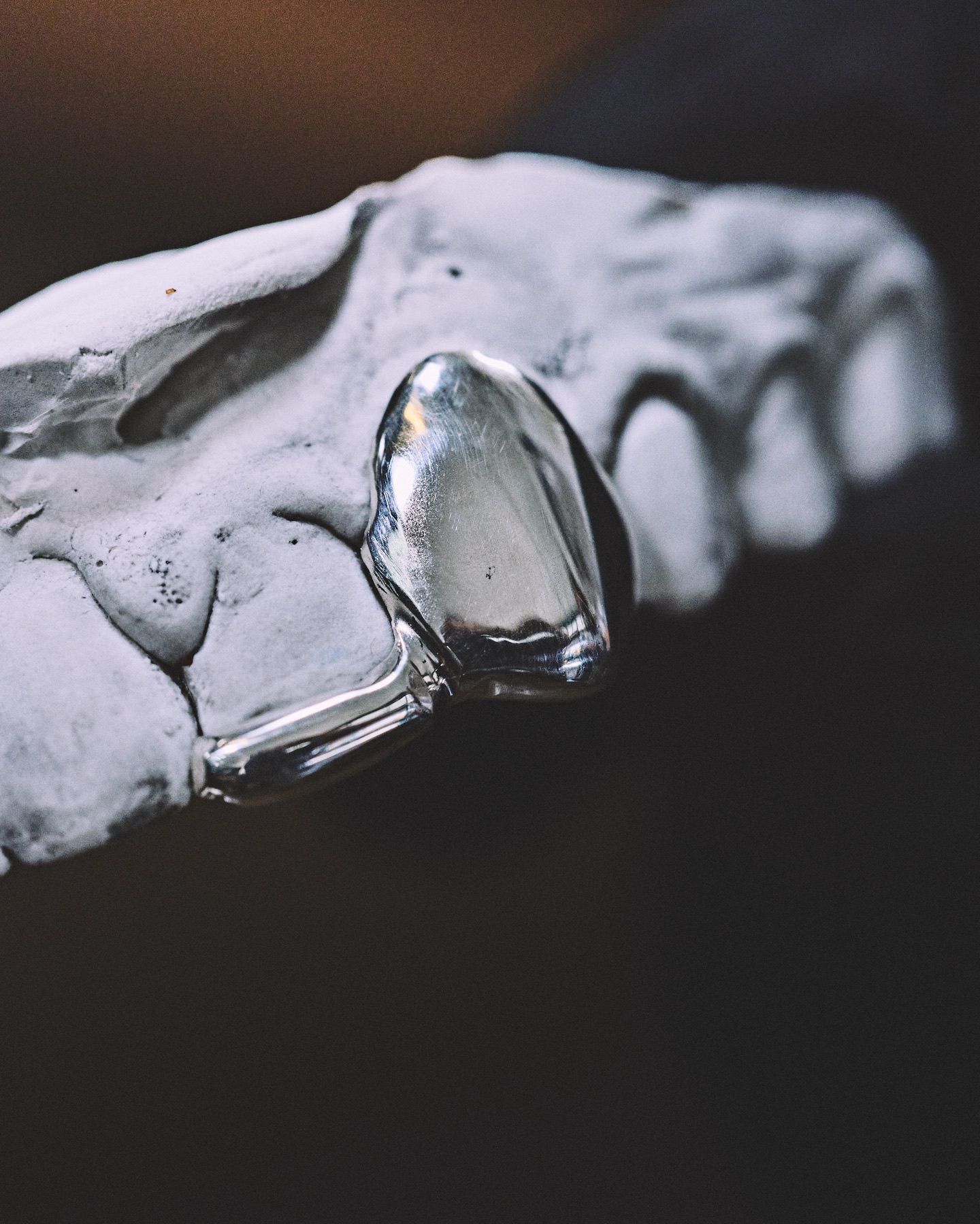 Macro d'une canine en argent poli révélant le grain du métal